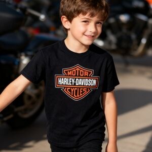 Harley-Davidson Kids Size S Black Tee with Orange & White Logo